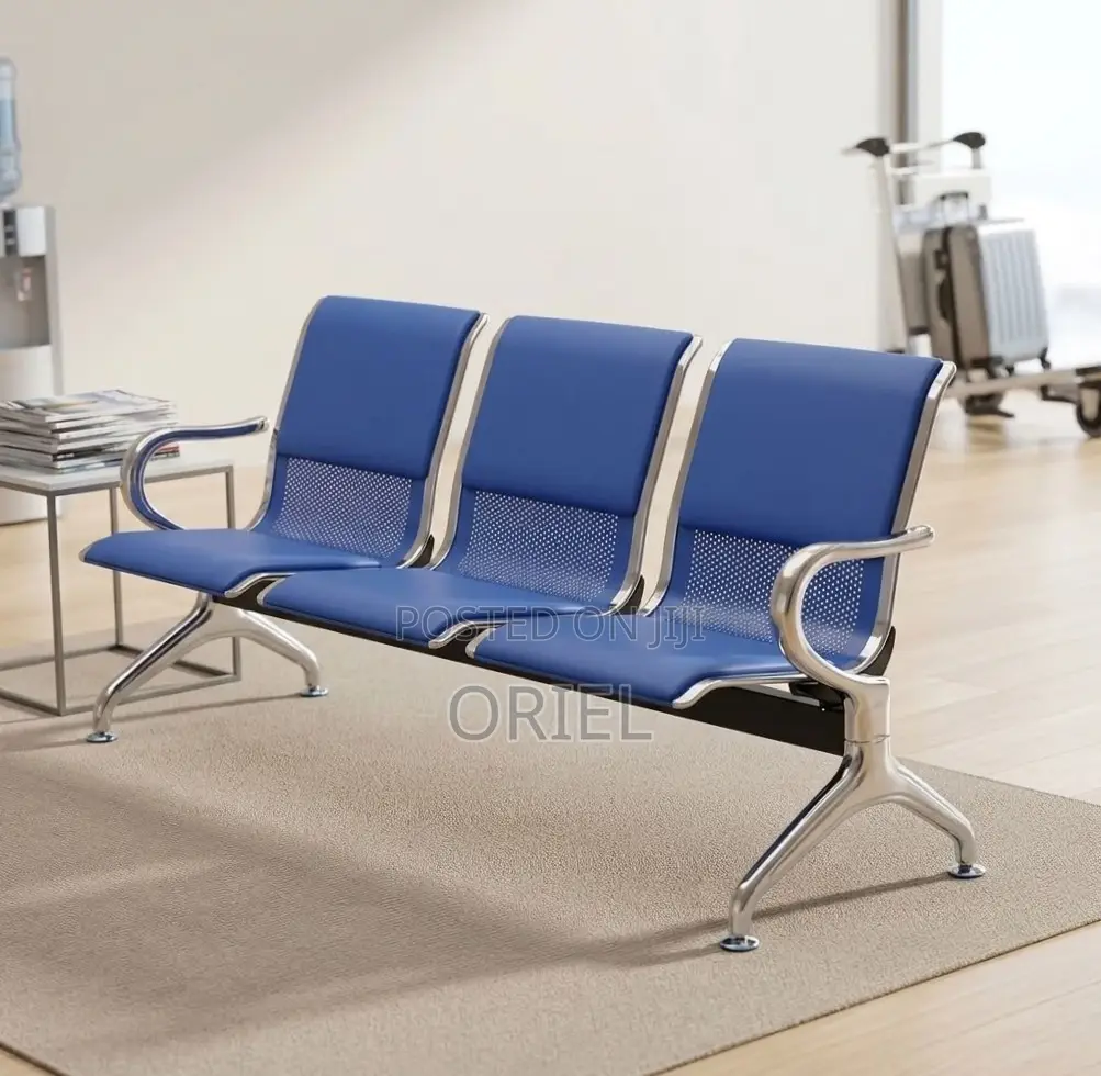 Office Bench : 3-Seater Blue Leather Linked Bench