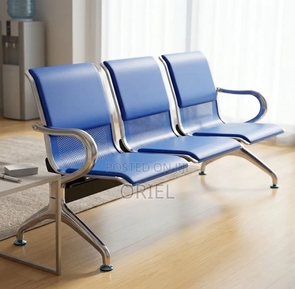 Office Bench : 3-Seater Blue Leather Linked Bench