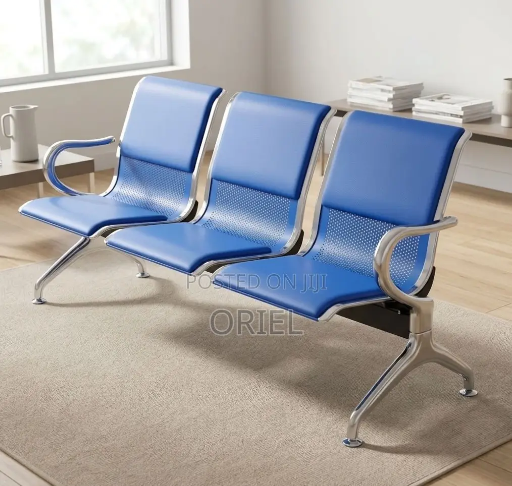 Office Bench : 3-Seater Blue Leather Linked Bench