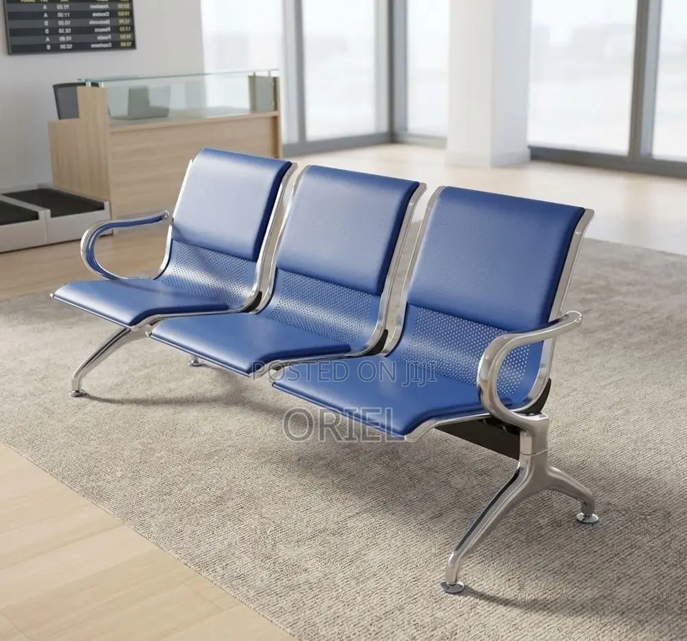 Office Bench : 3-Seater Blue Leather Linked Bench