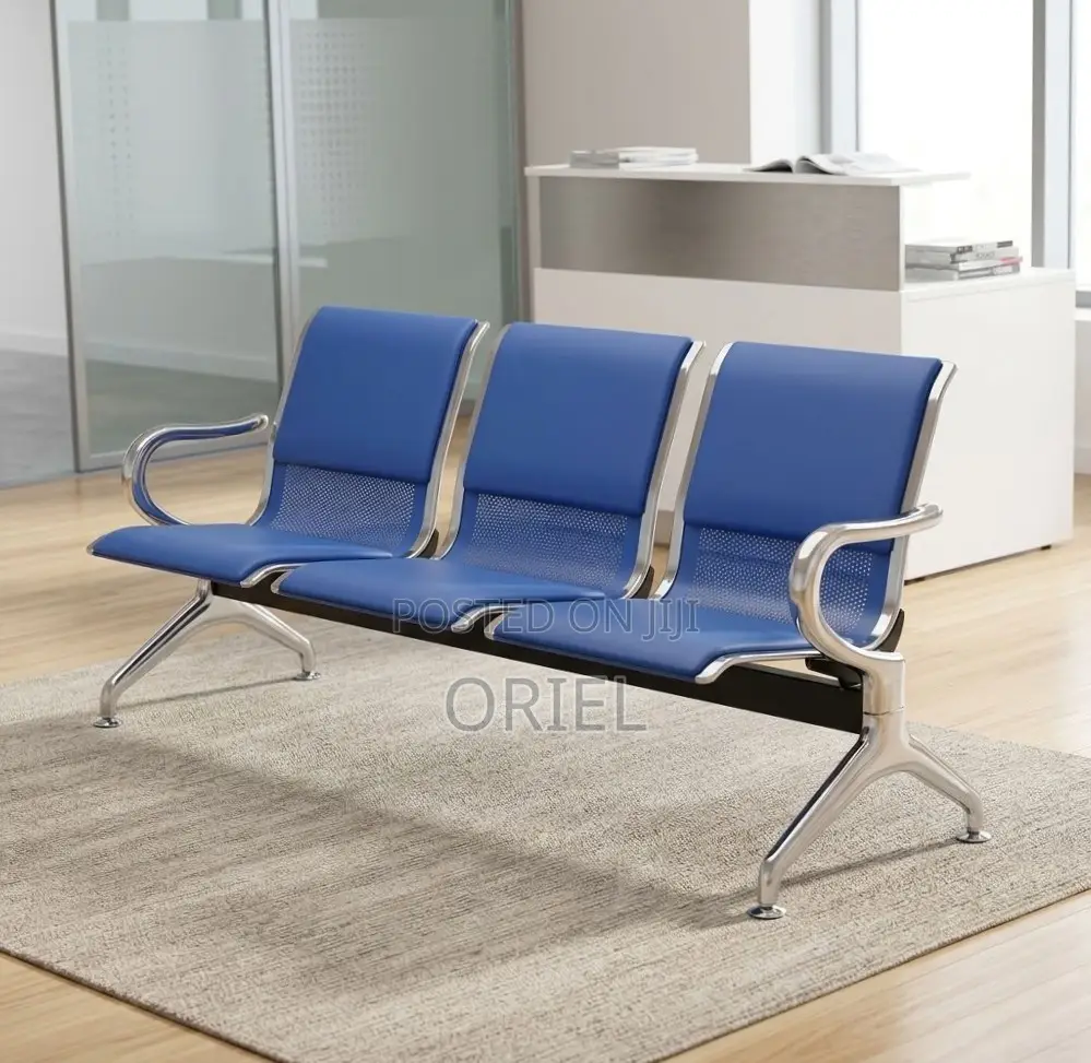 Office Bench : 3-Seater Blue Leather Linked Bench