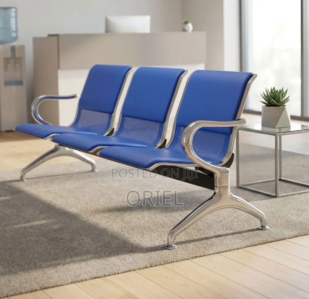Office Bench : 3-Seater Blue Leather Linked Bench