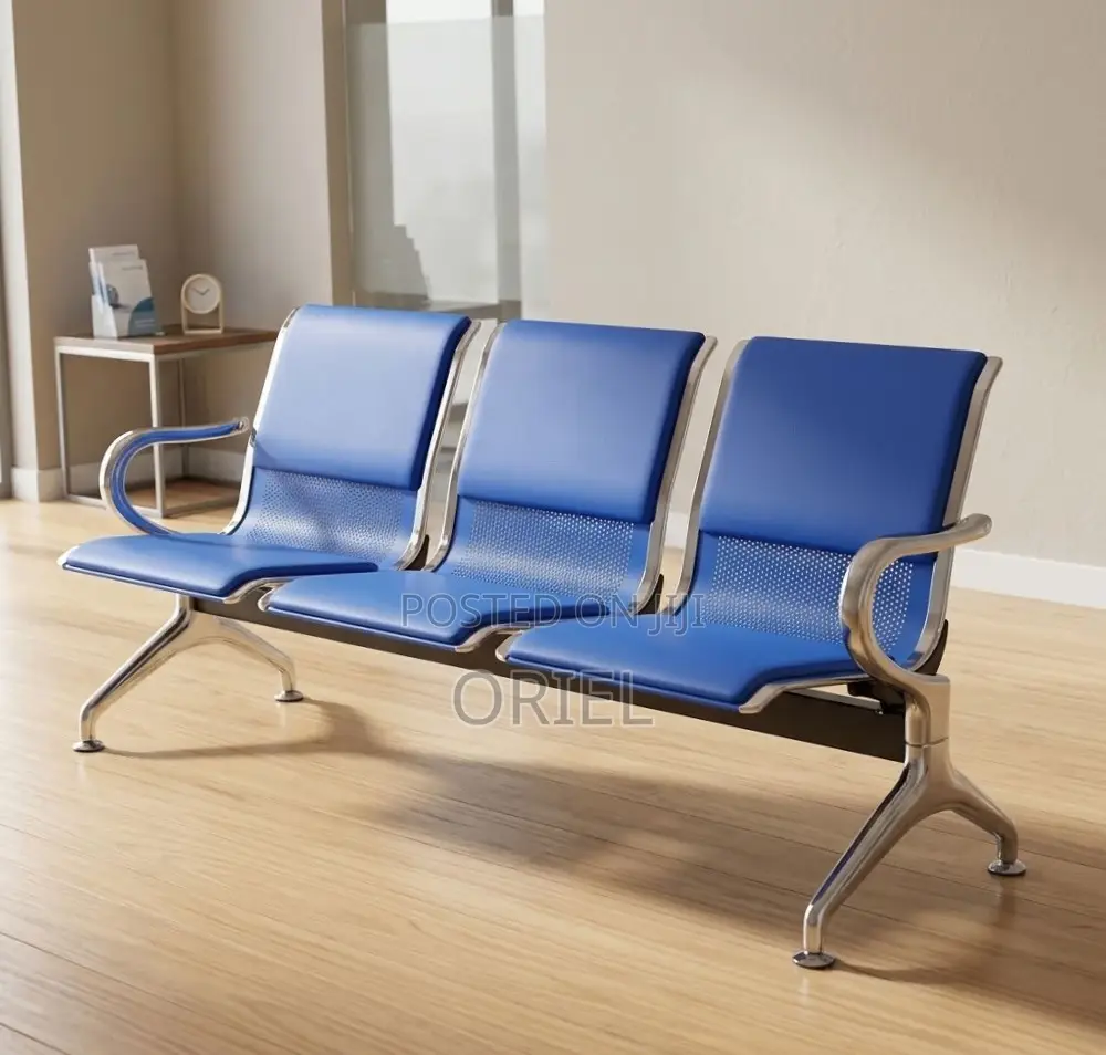 Office Bench : 3-Seater Blue Leather Linked Bench