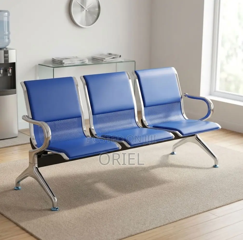 Office Bench : 3-Seater Blue Leather Linked Bench
