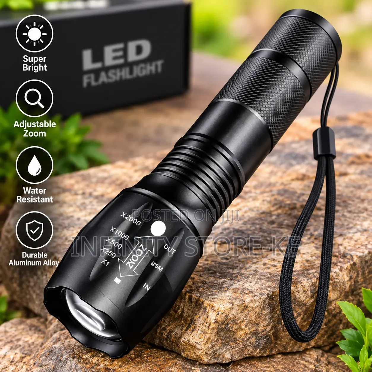 Heavy Duty Led Flashlight Long Range Zoom Torch With a Wrist Strap