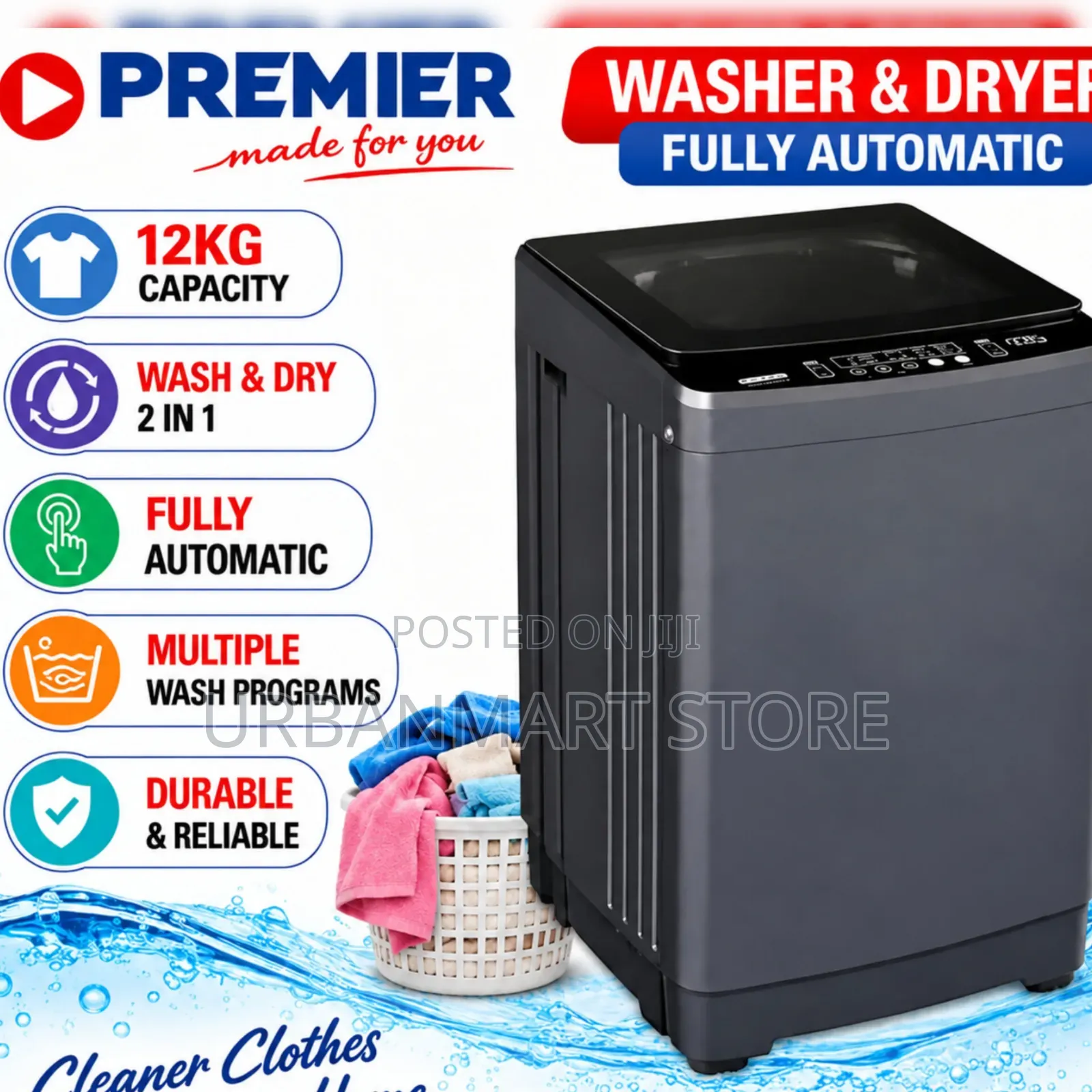 Premier 12kg Fully Automatic Top Load Washer Dryer