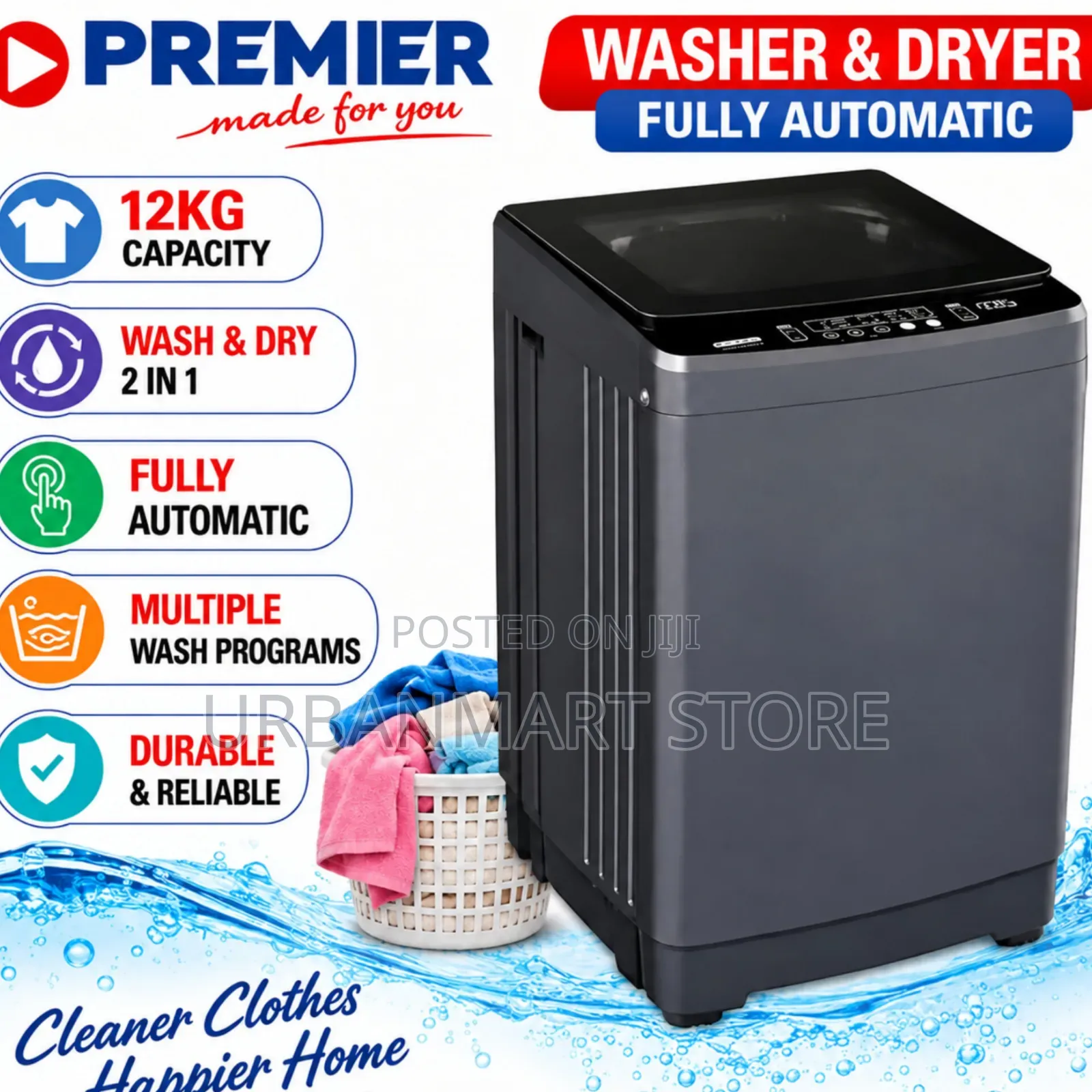 Premier 12kg Automatic Washing Machine With Dryer- Wash and Dry