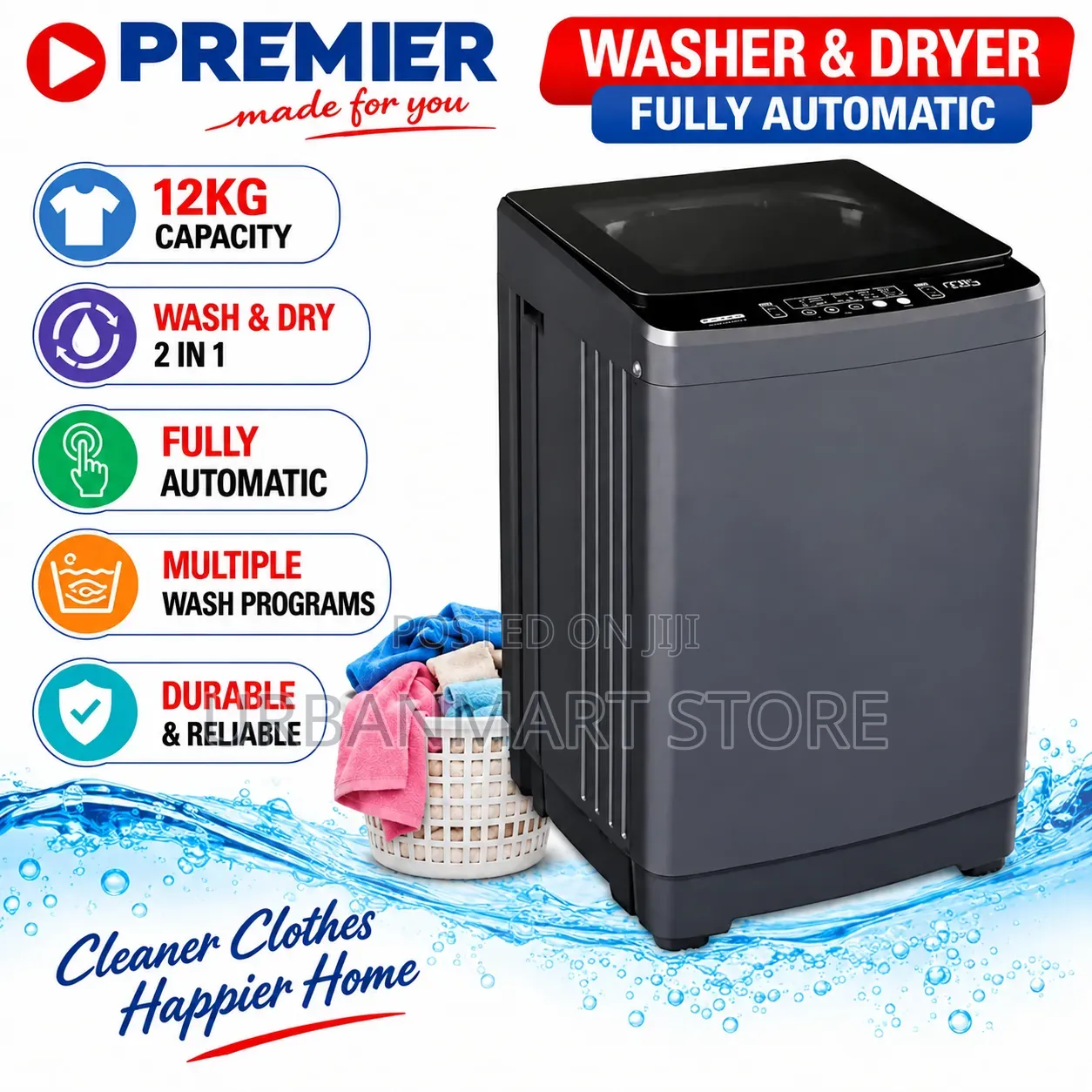 Premier 12kg Automatic Washing Machine With Dryer- Wash and Dry