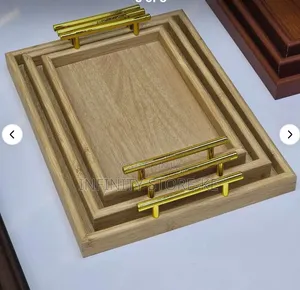 3 PCS Wooden Serving Tray With Polished Golden Tone