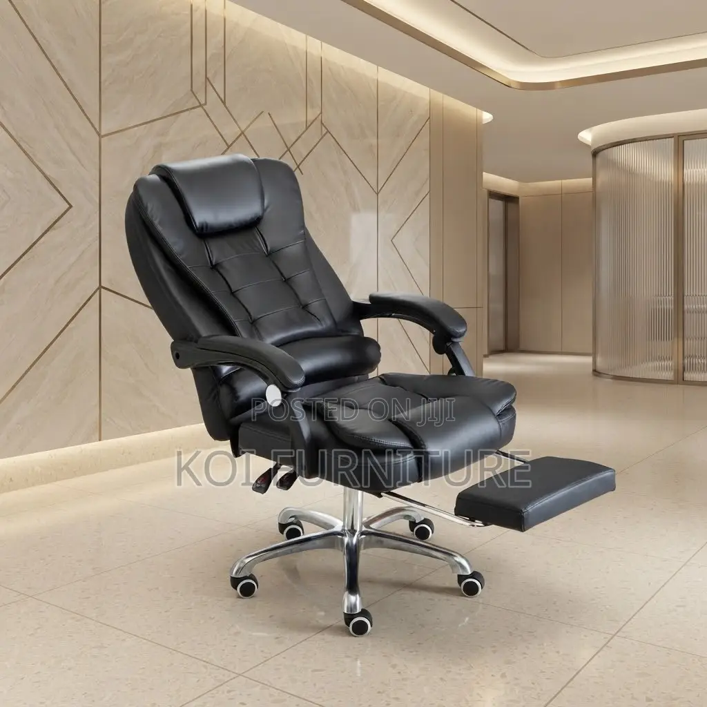 Office Chair; Leather Luxury Black High Back Office Seat With Footrest