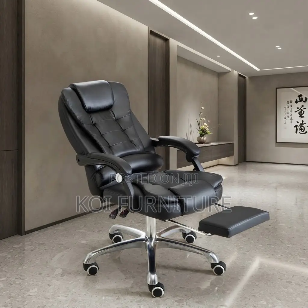 Office Chair; Leather Luxury Black High Back Office Seat With Footrest