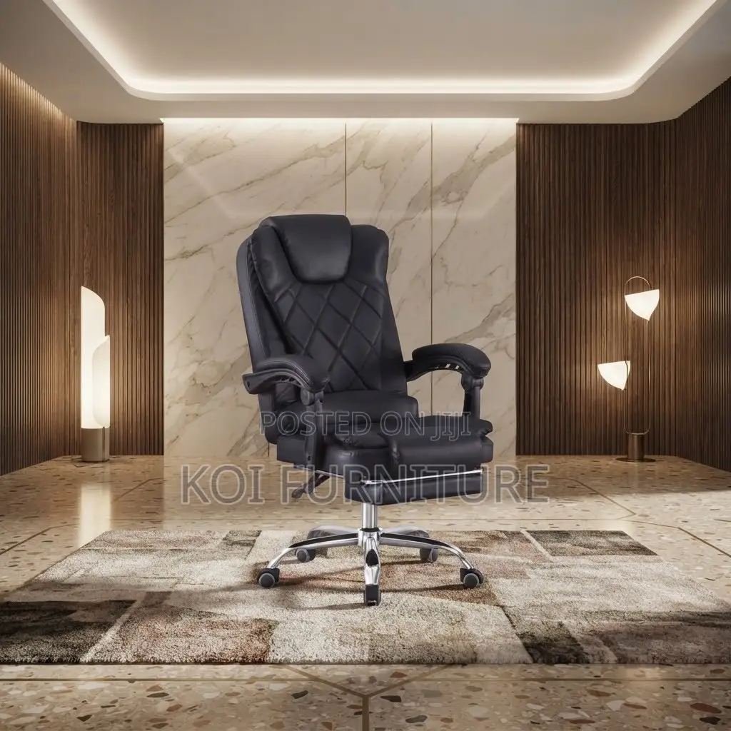 Office Chair; Leather Luxury Black High Back Office Seat With Footrest