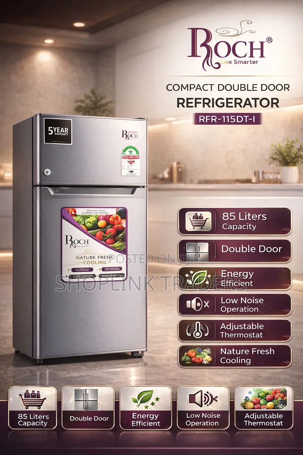 Roch Fridge 85L Double Door RFR-110D-B