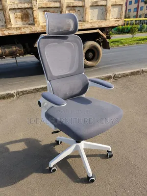 *Ergonomic Mesh Office Chair With Headrest - White Frame Grey