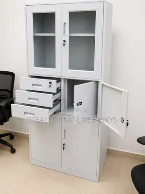 *3-in-1 Metallic Office Cabinet With Glass Top Drawers - Grey