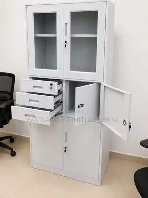 *3-in-1 Metallic Office Cabinet With Glass Top Drawers - Grey