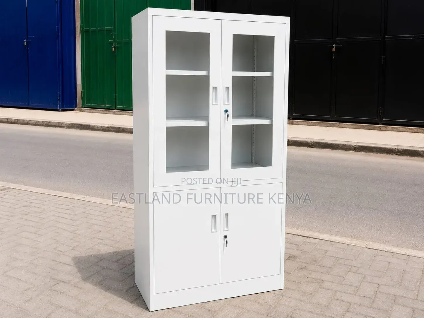 *2-Door Metallic Office Cabinet - Glass Top Solid Bottom - White*