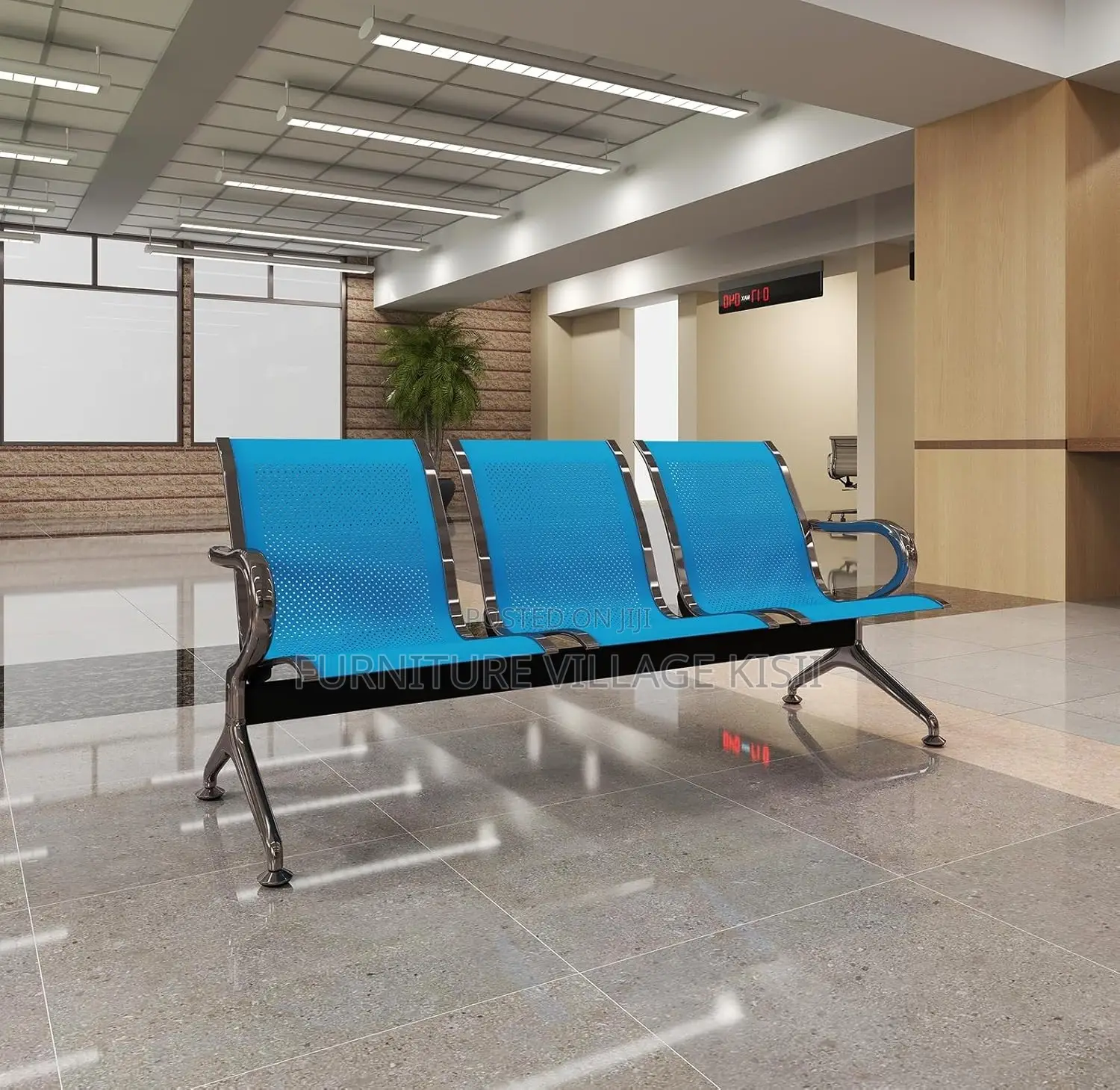 Office Bench;3-Link Unpadded Blue Reception Bench