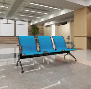Office Bench;3-Link Unpadded Blue Reception Bench