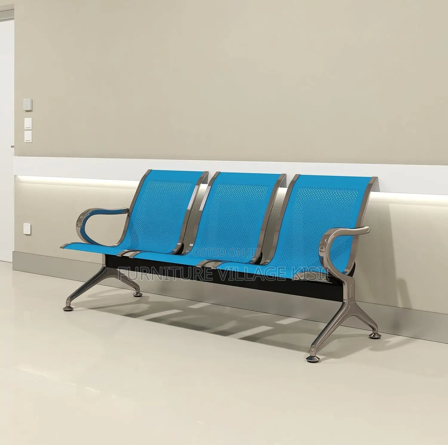 Office Bench;3-Link Unpadded Blue Reception Bench