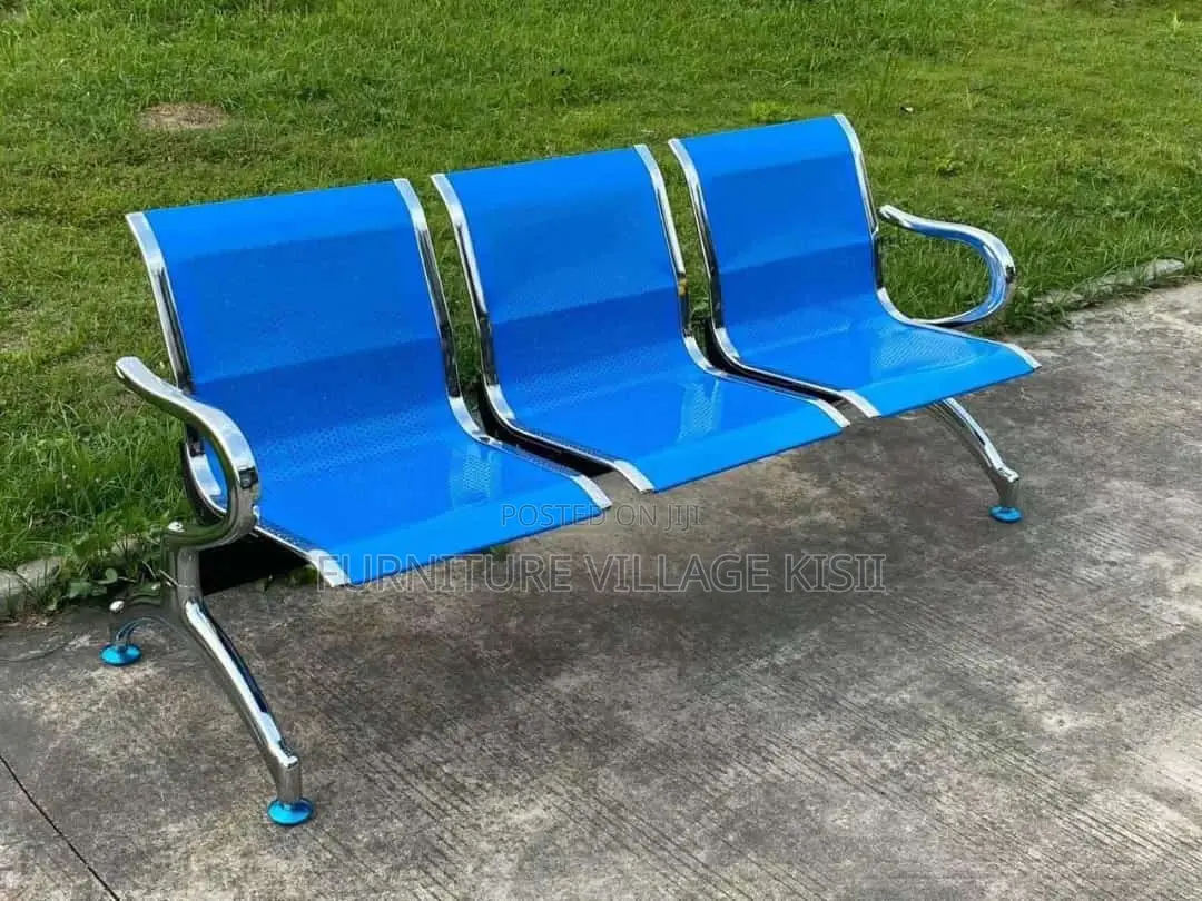 Office Bench;3-Link Unpadded Blue Reception Bench