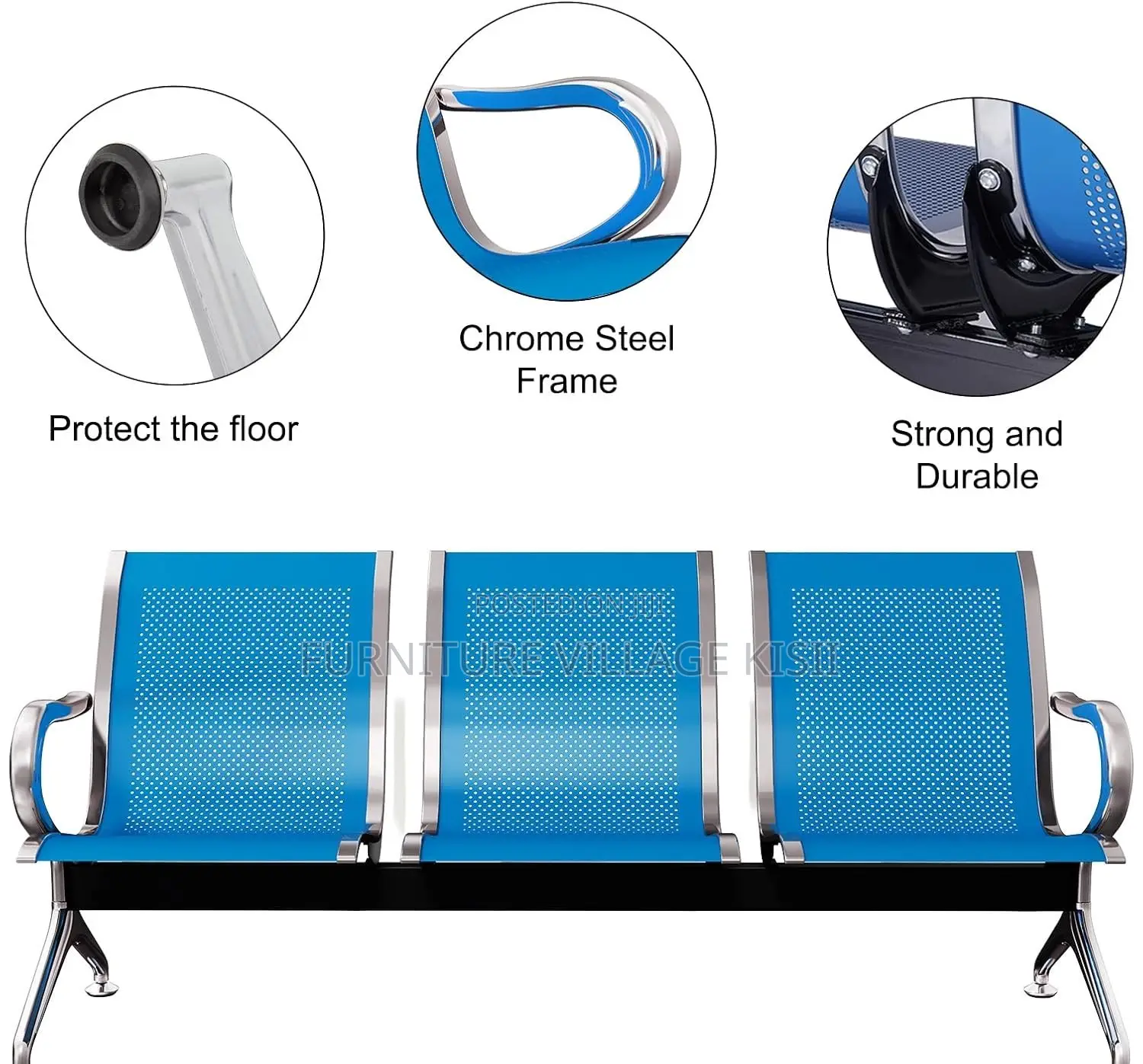 Office Bench;3-Link Unpadded Blue Reception Bench