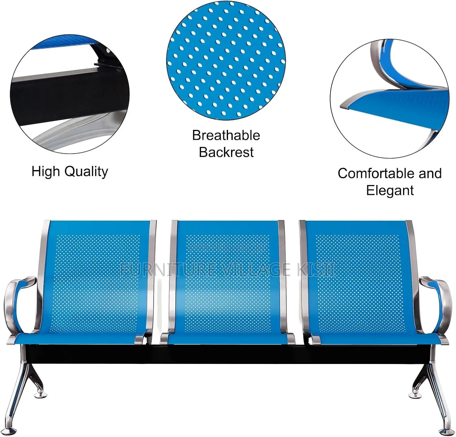 Office Bench;3-Link Unpadded Blue Reception Bench
