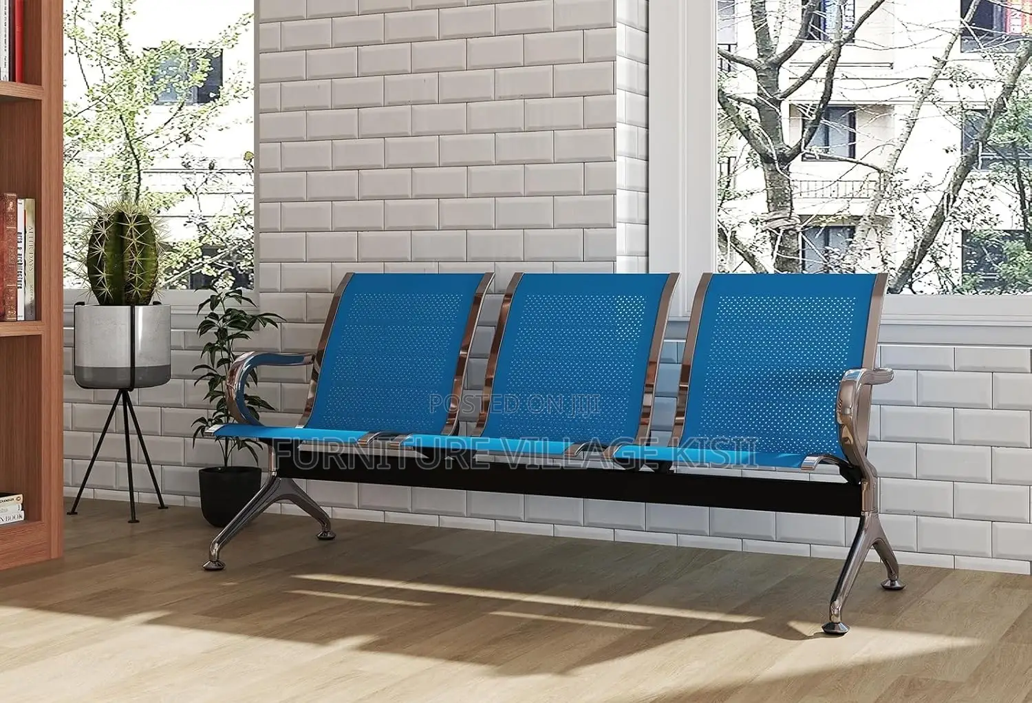 Office Bench;3-Link Unpadded Blue Reception Bench