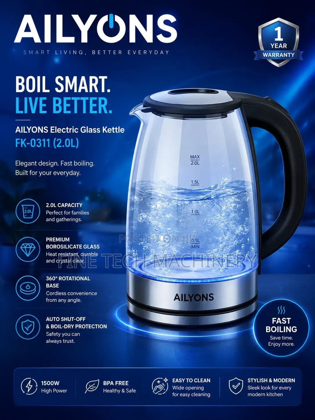 Ailyons Automatic Glass Kettle Fk-0311