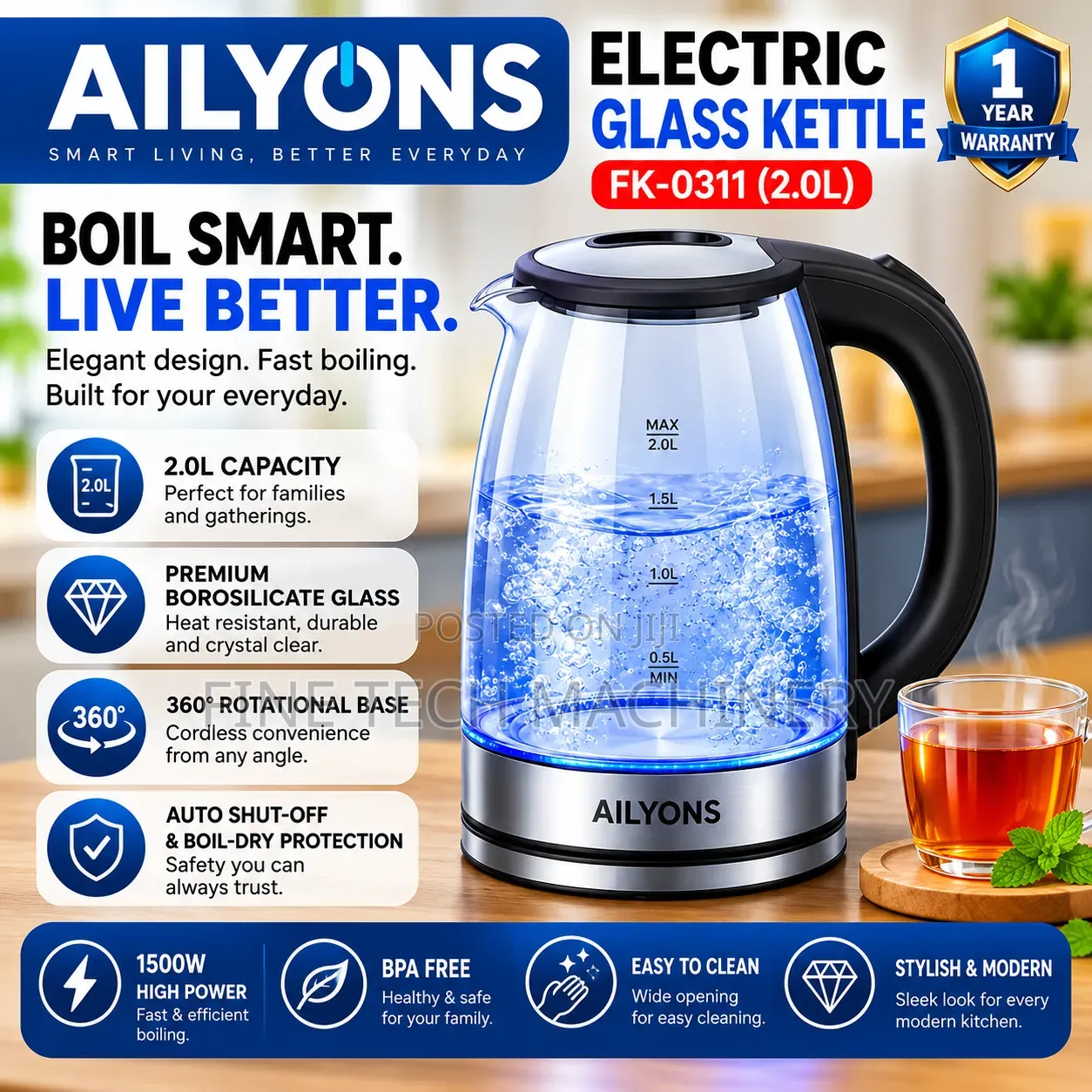 Ailyons Automatic Glass Kettle Fk-0311