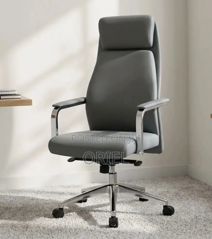 Executive Office Chair : Gray Leather High Back Managerial Chair