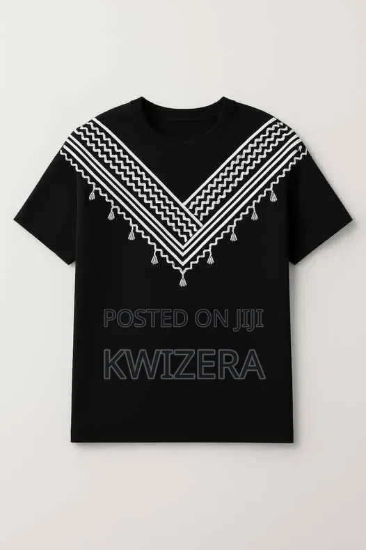 Stylish Black T-Shirt With White Geometric v-Chest Print Tassels