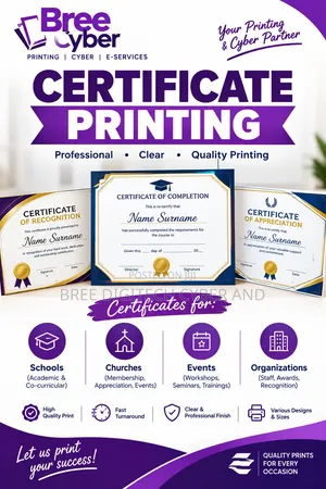 Certificate Printing
 for Schools, Churches, Events Organizations