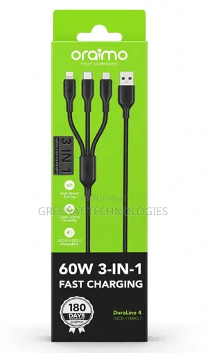 Oraimo DuraLine 60W 3-in-1 Fast Charging Cable Type C Lightning Micro