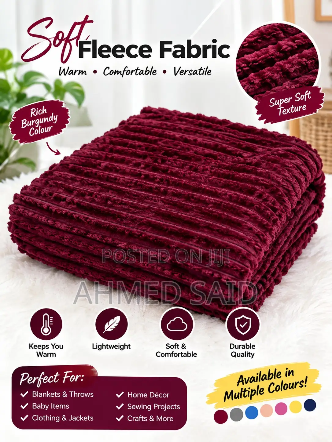 Soft Fleece Fabric Material – Multiple Colours | Negotiable