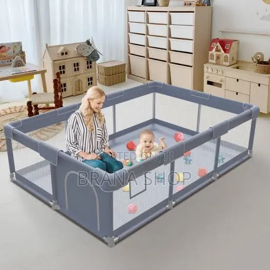 **Modern Grey Baby Play Yard – Spacious Kids Activity Playpen **