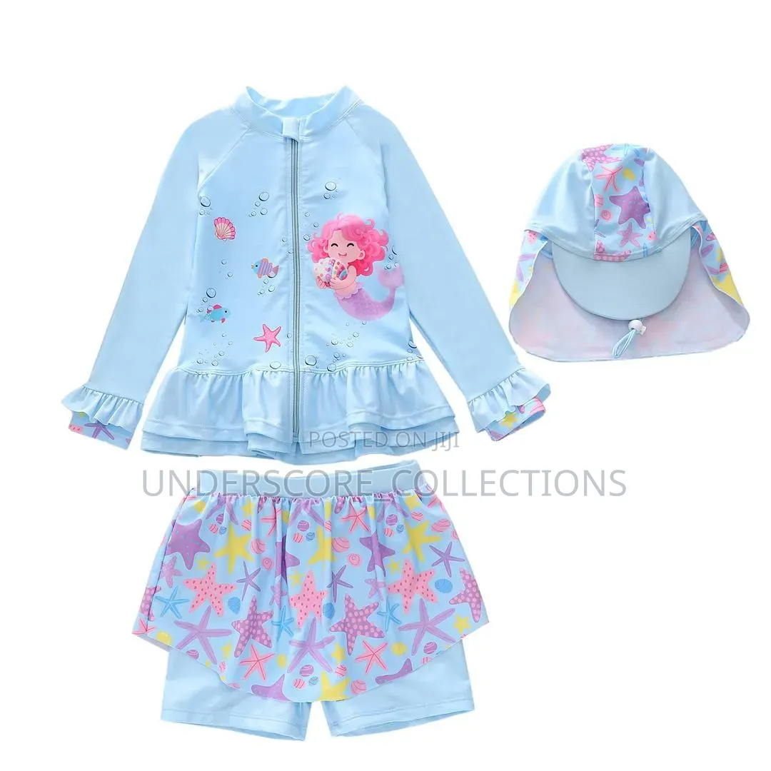 Girls Three Piece Swimming Gear-Top Dress,pants and Hat