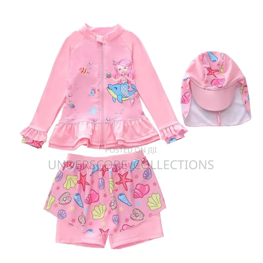 Girls Three Piece Swimming Gear-Top Dress,pants and Hat