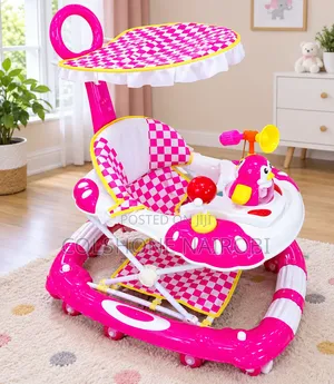 Pink White Musical Baby Walker With Activity Tray and Canopy