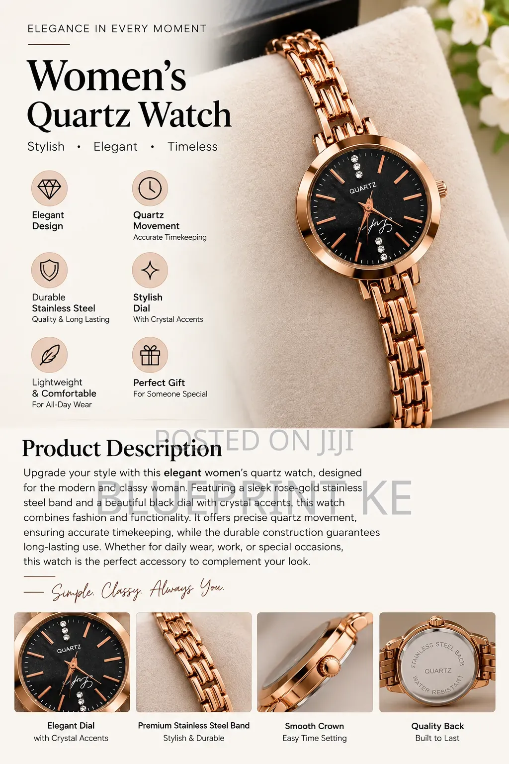 Elegant Women’s Rose Gold Quartz Watch
