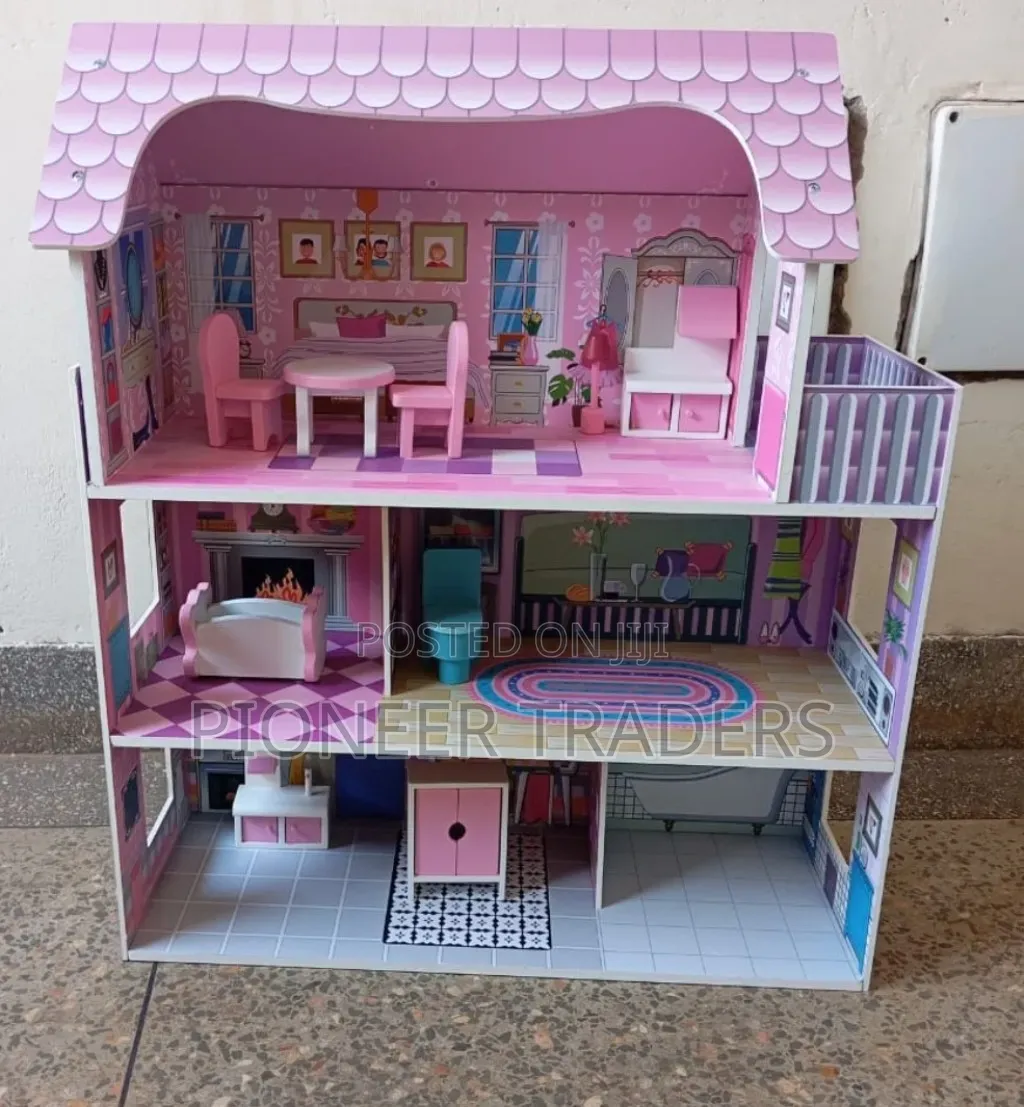 Large Wooden Doll House 3 Floors, 5 Rooms With Furniture