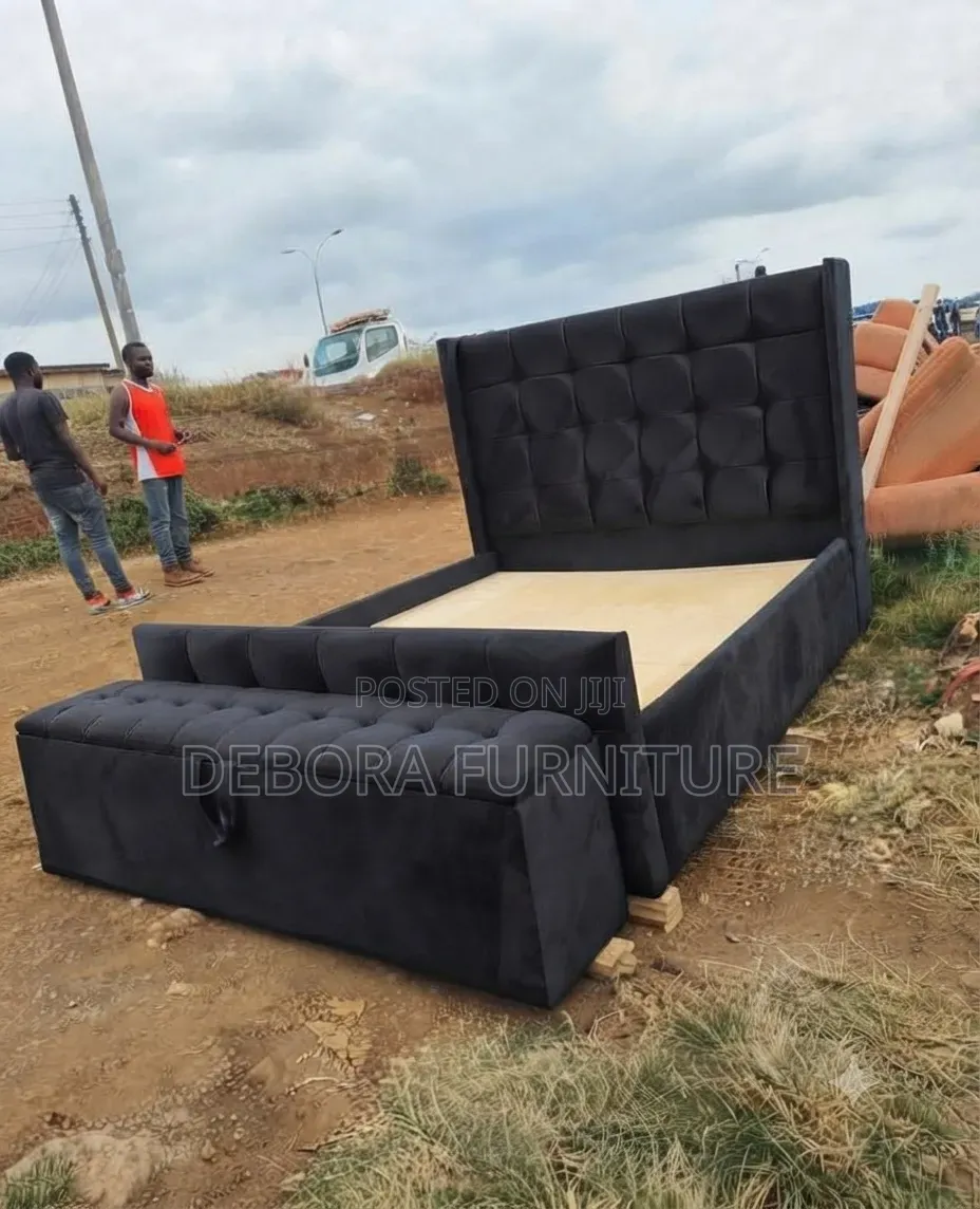 Modern Black Velvet Tufted Bed With Matching Storage Bench