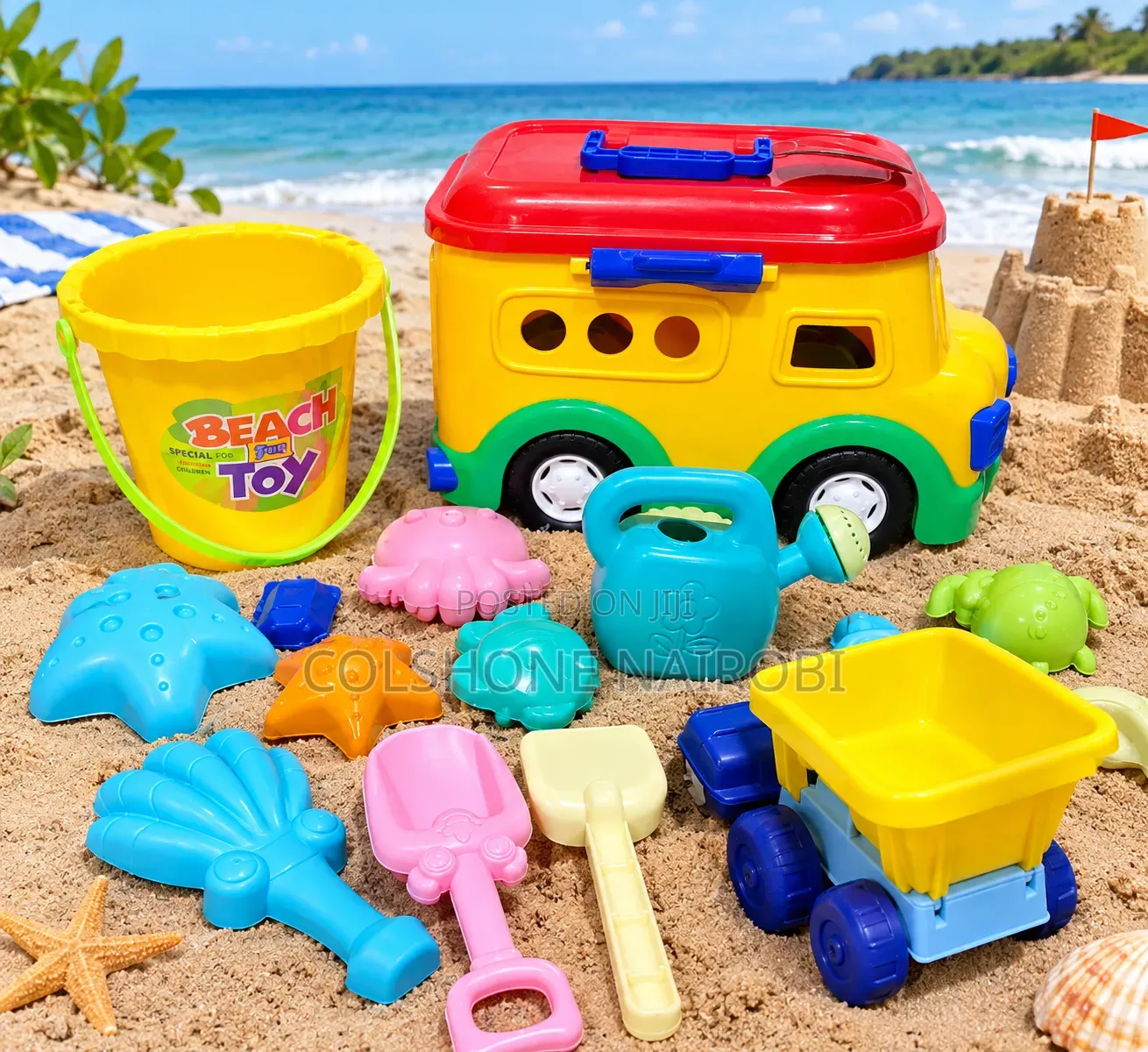 Kids Beach Sand Play Set With Pull-Along Toy Bus, Bucket Sand Moulds