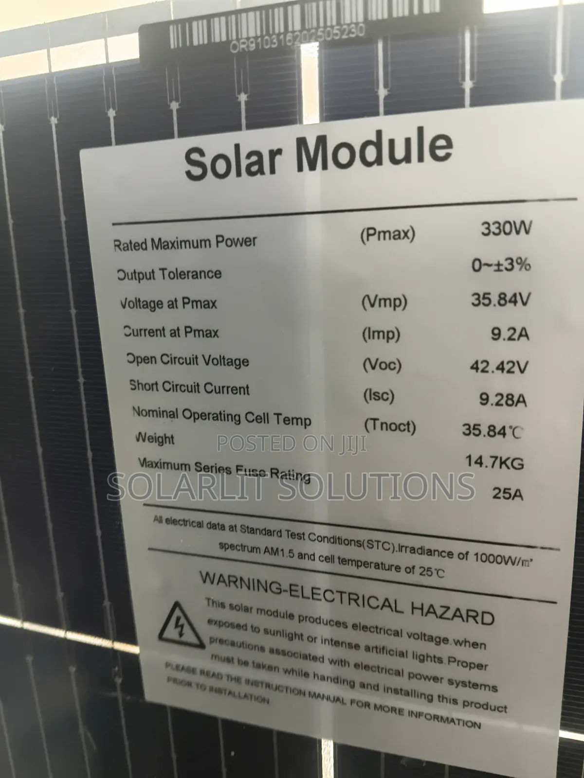 330W High-Efficiency Monocrystalline Black Frame Solar Panel