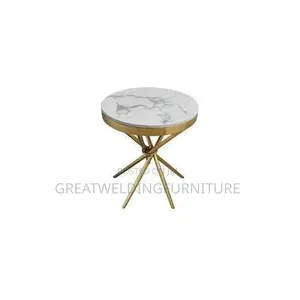 Round White Faux-Marble Top or Coffee Table With Gold Cross-Legs J6y