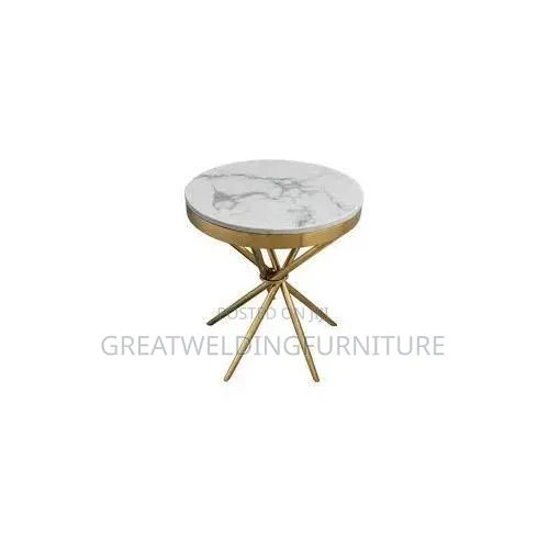Round White Faux-Marble Top or Coffee Table With Gold Cross-Legs J6y