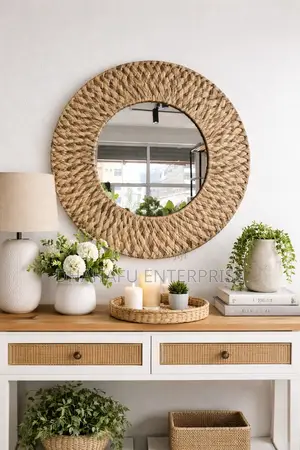  Decorative Water Hyacinth Braided Boho Mirror – 60cm 