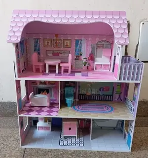 *Large Wooden Doll House 3 Floors, 5 Rooms With Furniture Accessories