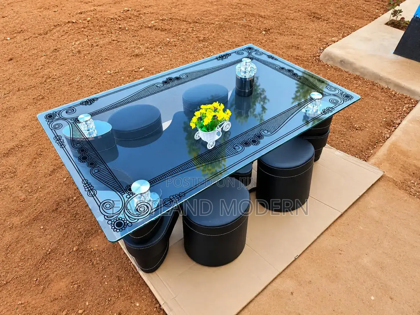 Modern Glass Coffee Table Set With 4 Stools