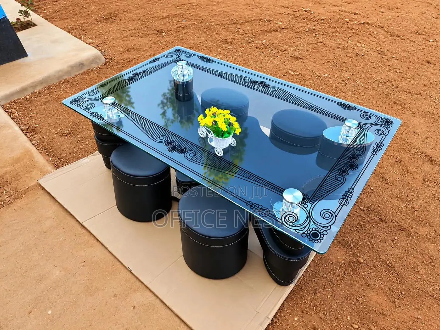 Modern Glass Coffee Table Set With 4 Stools